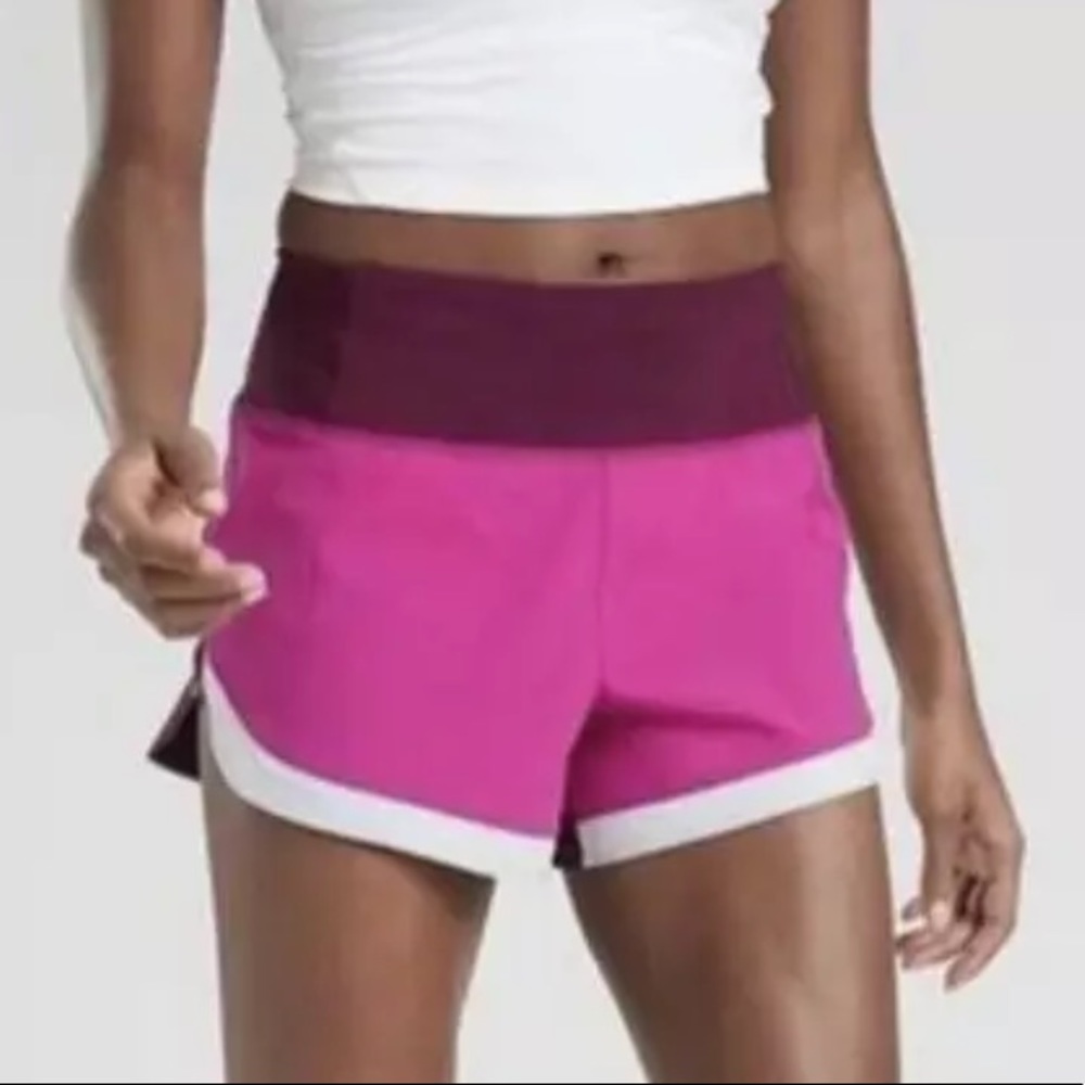 Athleta Running Free Colorblock Shorts, Size Medium, Burgundy maroon pink purple